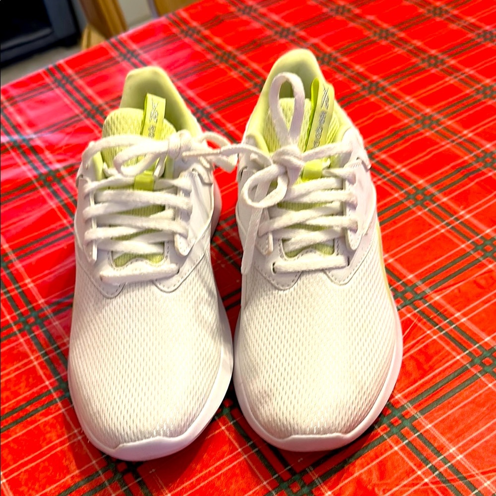 Reebok White and Neon Green ortholite Sneakers, 7